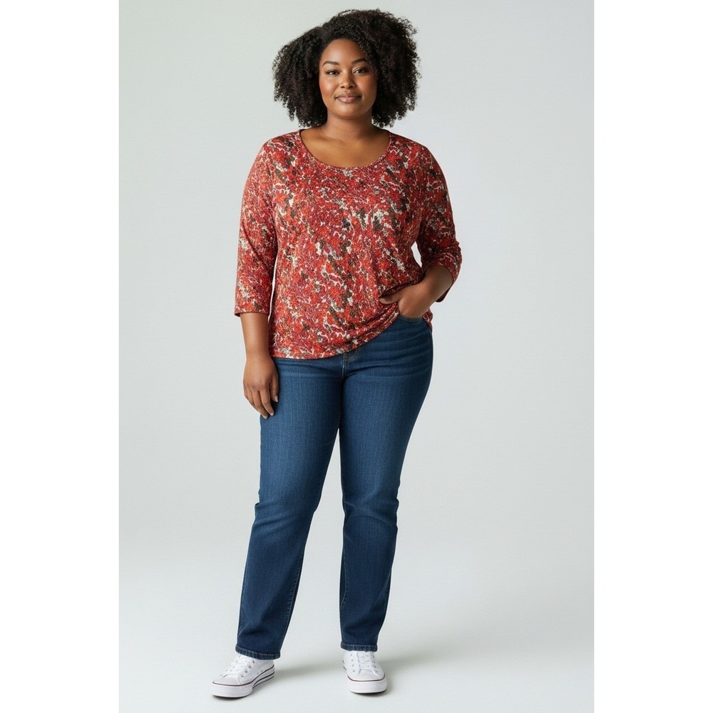 Sag Harbor Woman 2X Red Brown Abstract Studded Stretch Knit Top Blouse Plus Size